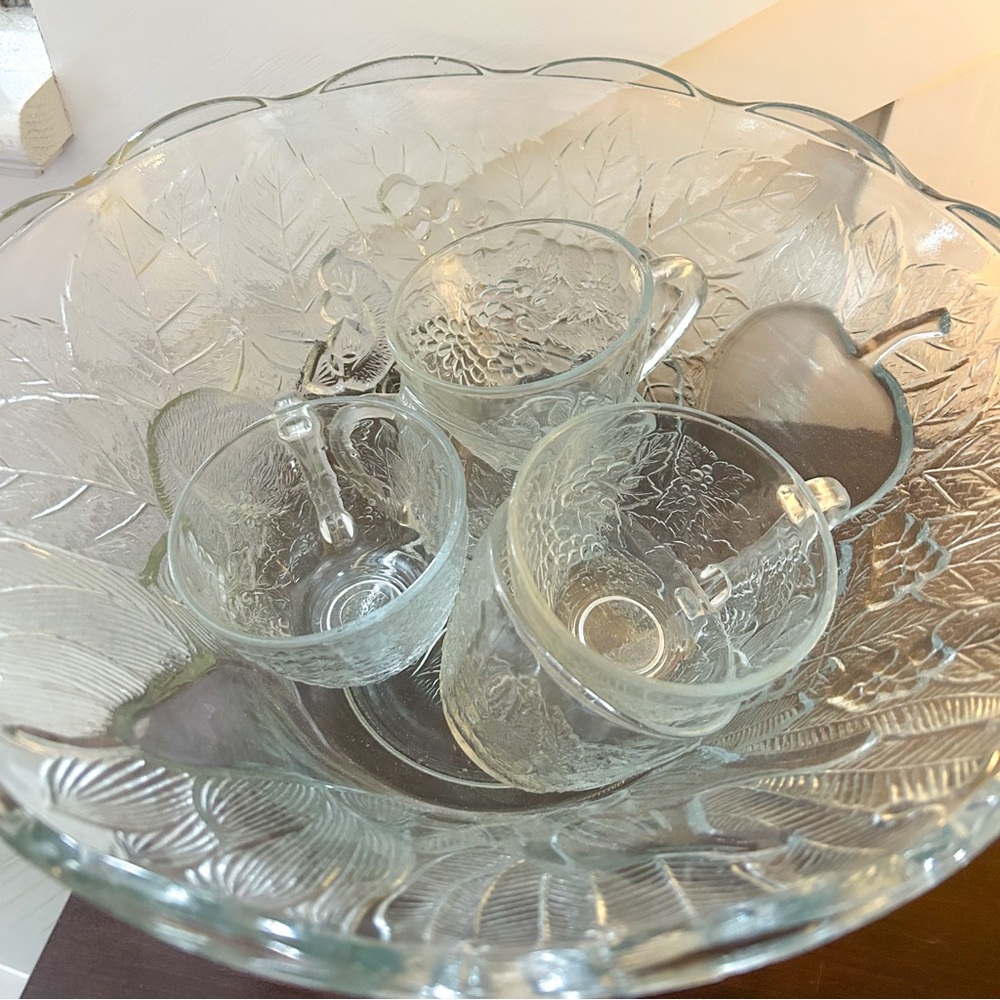 Vintage Glass Punch Bowl and 5 Cups
Fruit Patterned